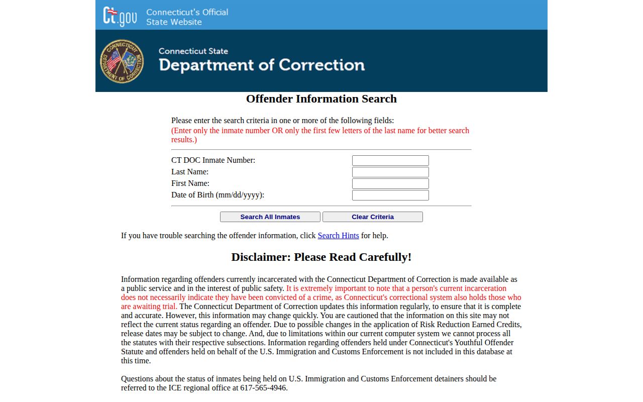 CT DOC inmate search form for Middlesex County custody records