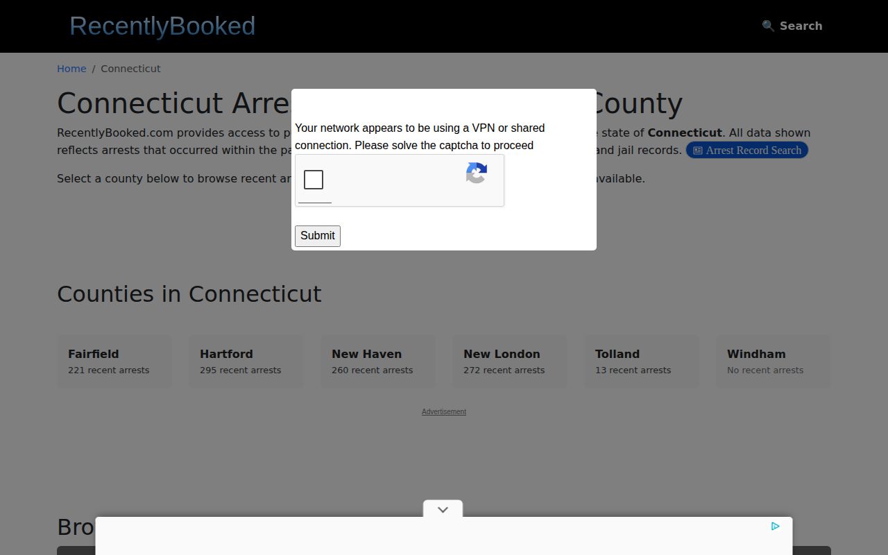 Middlesex County booking coverage absent from Recently Booked Connecticut index