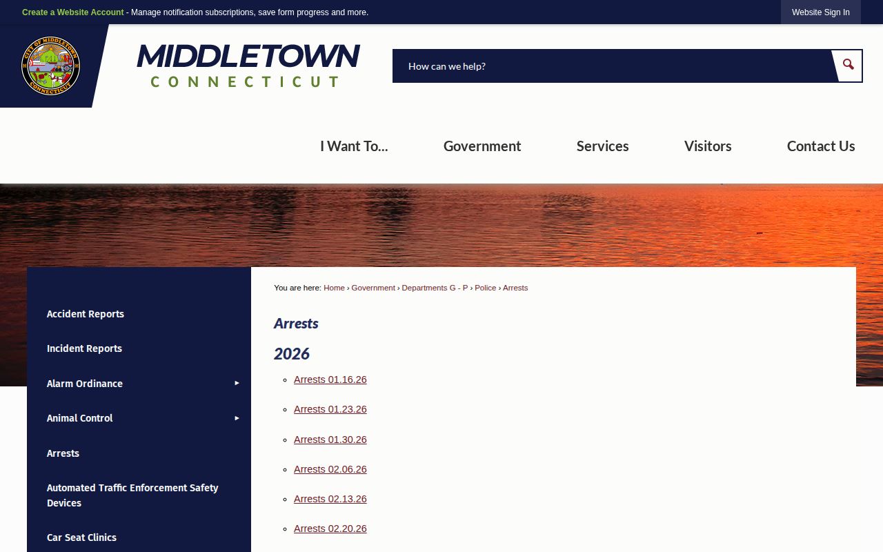 Middletown Police official arrest record archive for Middlesex County